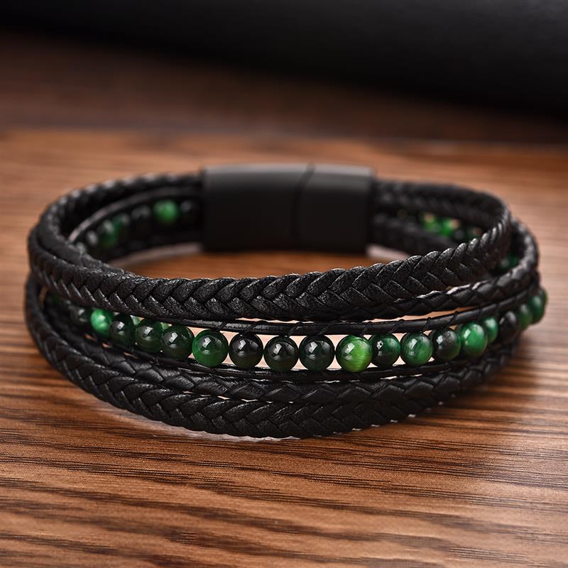 Jiayiqi Fashion Natural Stone Beads Men Bracelet Multilayer Leather Bracelet Punk Jewelry Stainless Steel Magnetic Clasp Bangles