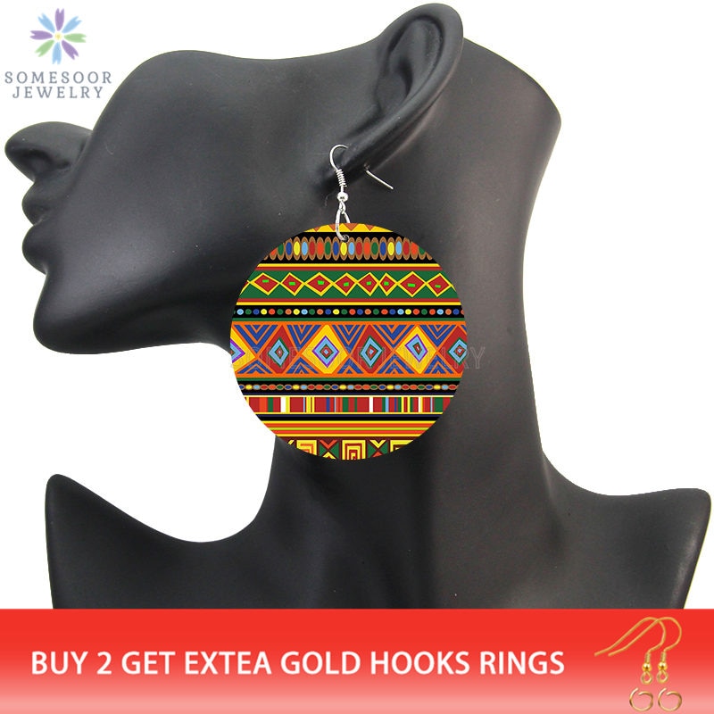 SOMESOOR African Fabric Bohemian Wooden Drop Earrings Afrocentric Ethnic Women Headwrap Designs Both Sides Printed For Women
