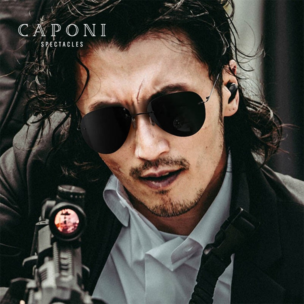 CAPONI Rimless Avation Sun Glasses For Men Polarized Discoloration Driving Fishing Sunglasses Light Weight Shades Male BS7466