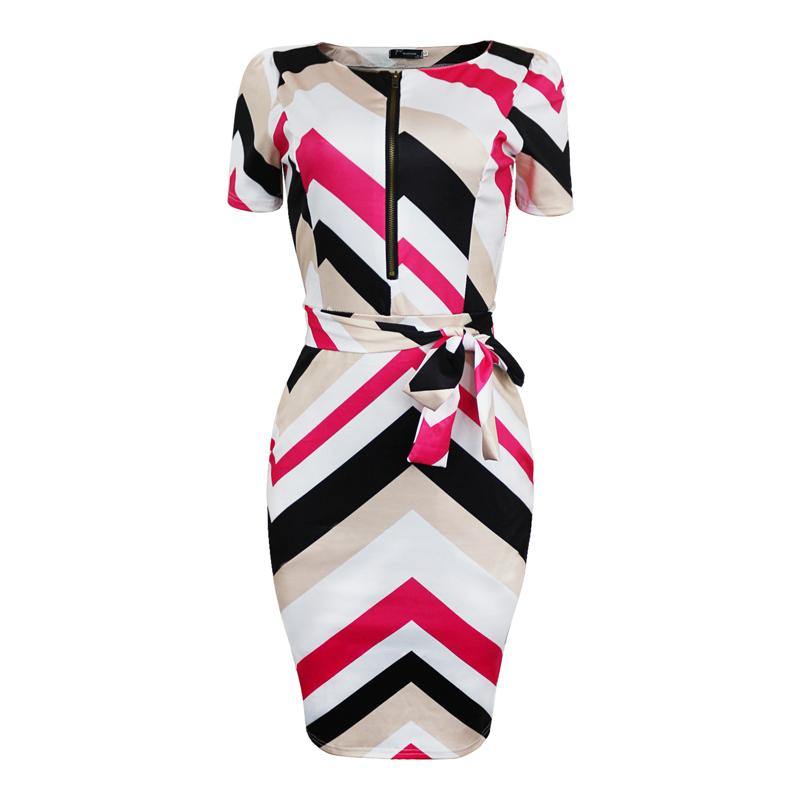 Plus Size Women Autumn Winter Work Office Business Belted Pencil Dress Casual Front Zipper Patchwork Sheath Bodycon Midi Dress - Surprise store