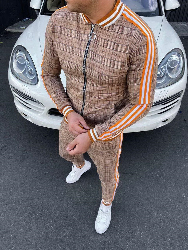 Muscle brothers 2021 new 3D printing retro men's leisure sports men's suit Plaid stripe coat Long pants men's suit