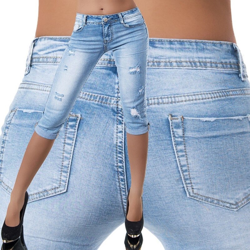 Jeans Shorts Women 2021 Summer Fashion Skinny Half Trousers Street Broken Denim Shorts Capri Pants 3/4 Ripped Jeans Plus Size