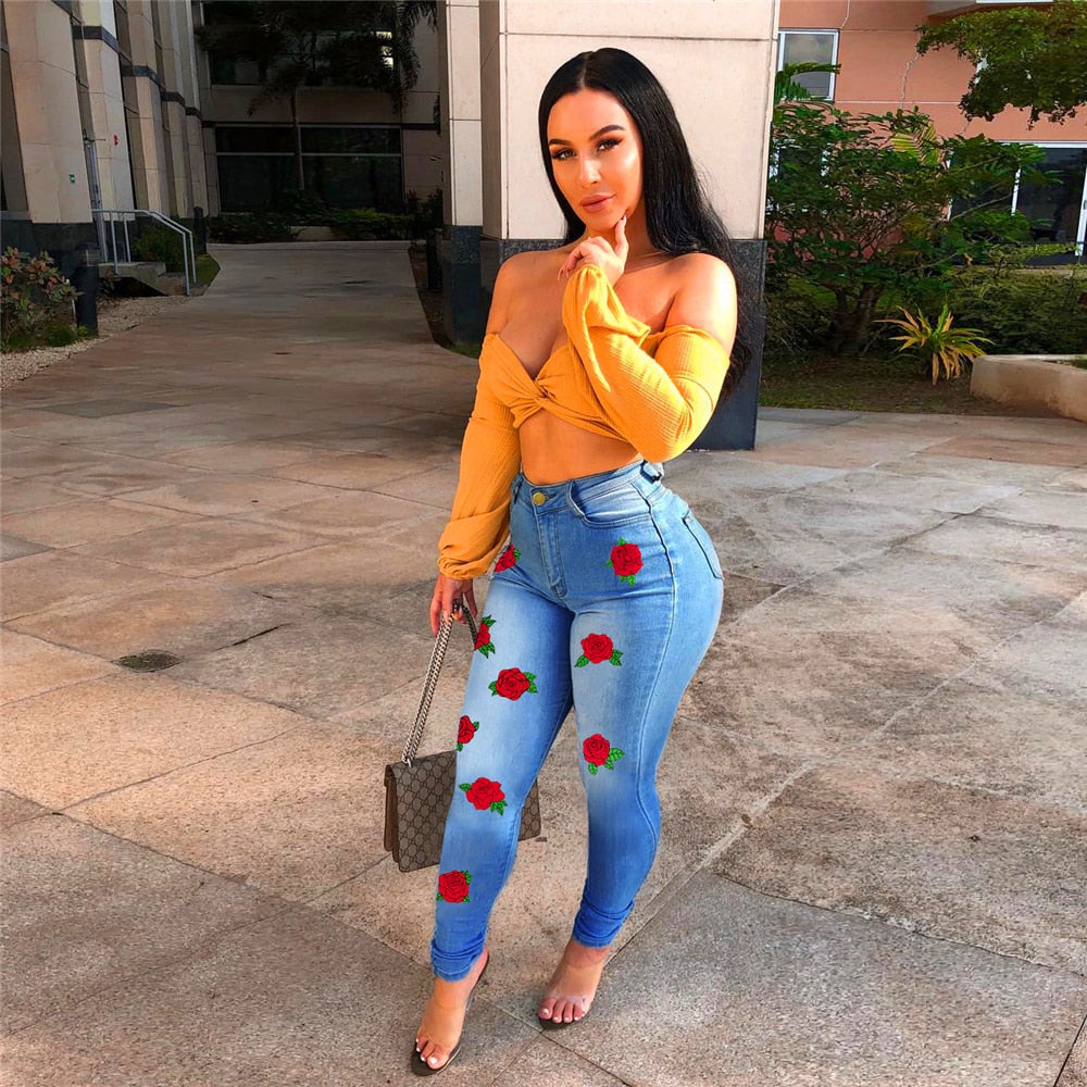Spring and autumn sexy high-waist women jeans fashion flower embroidery skinny slimming denim pants lady sexy denim pencil pants