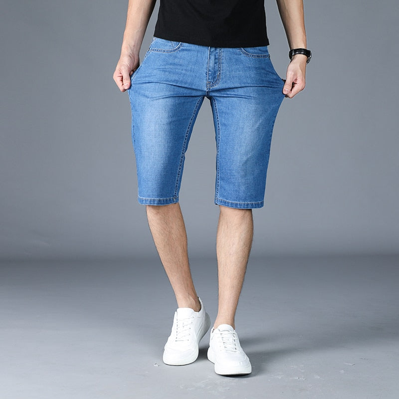 2021 Big Size Summer New Men Business Denim Shorts Fashion Casual Stretch Slim Blue Thin Short Jeans Male