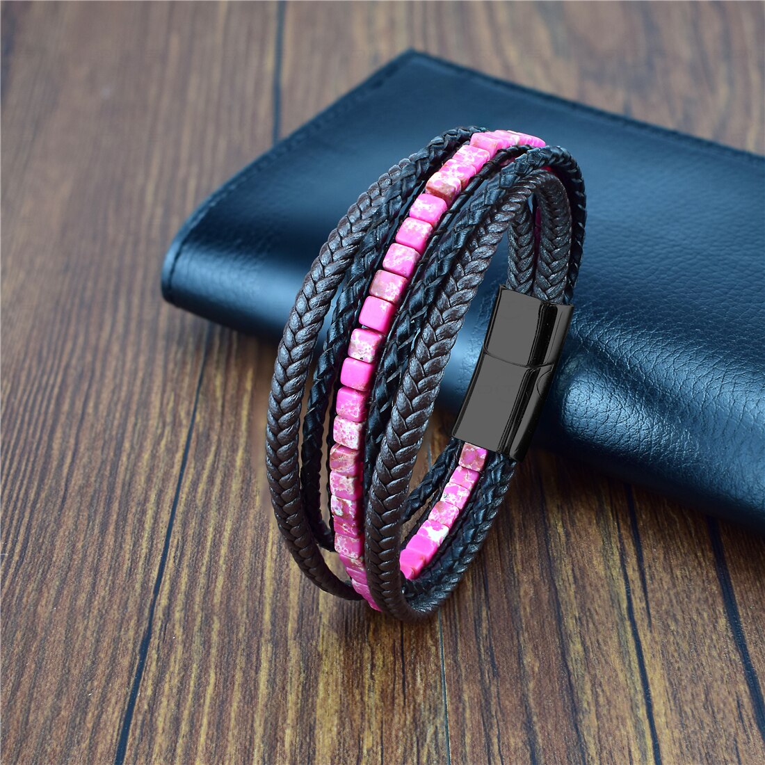 Multilayer Bracelet Natural Stone Genuine Leather Braided Wrap Bangle Stainless Steel Magnetic Clasp Bracelet Men Jewelry