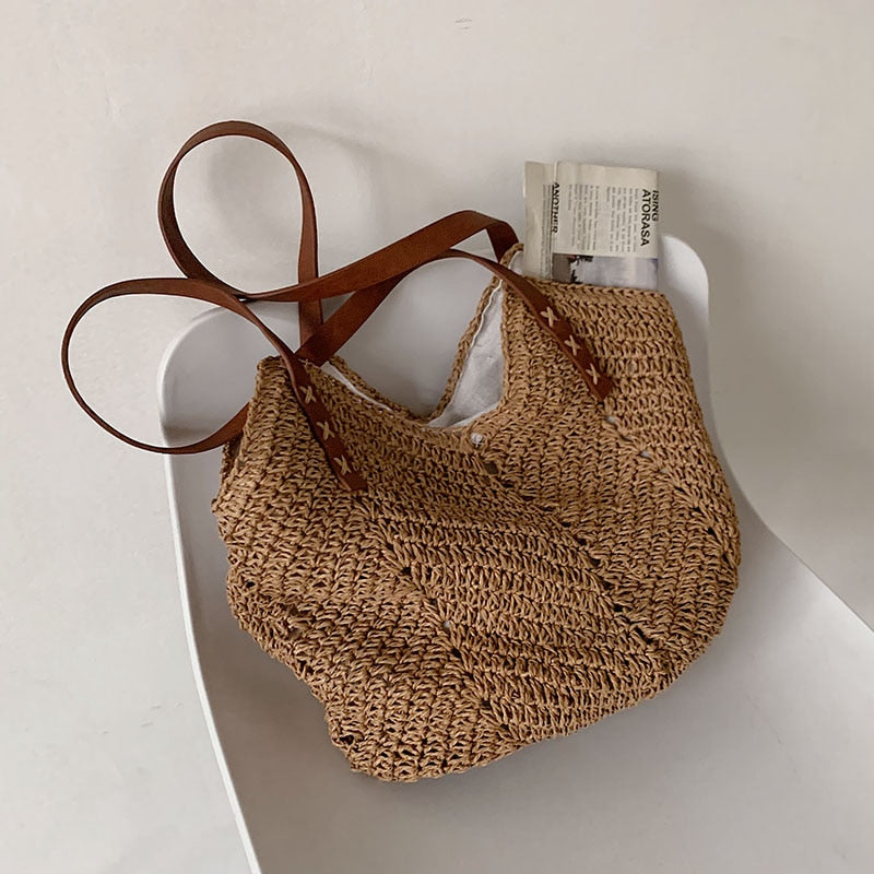 Hand-woven Women's Shoulder Handbag Bohemian 2021 Summer Straw Beach Tote Bag Travel Shopper Weaving Shopping Bags
