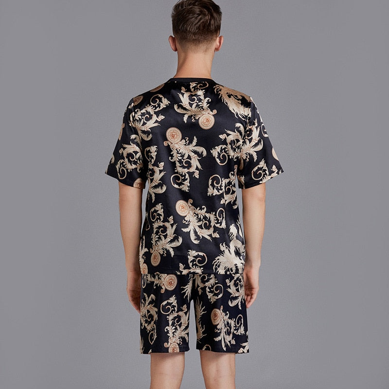 Summer Men Pyjama Set Print Satin Men Pajama Suit Short Sleeve Shorts Silk Pajama Man Sleepwear Spring Pajama Male Nightgown XXL