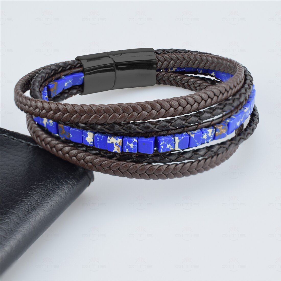 Multilayer Bracelet Natural Stone Genuine Leather Braided Wrap Bangle Stainless Steel Magnetic Clasp Bracelet Men Jewelry