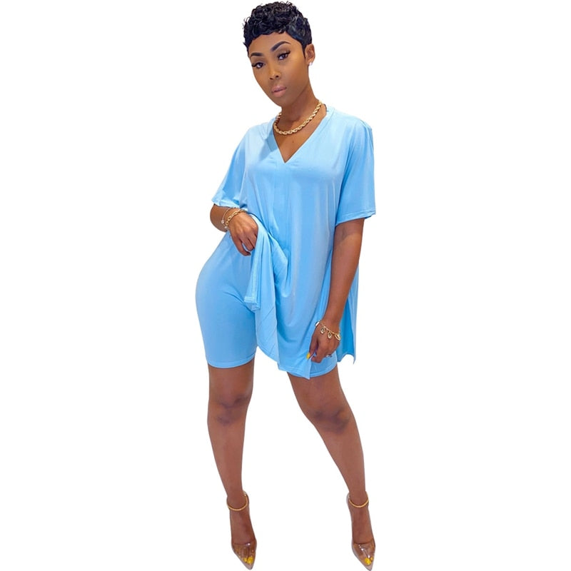Two Piece Set Women Clothes Casual V Neck T Shirt Top and Shorts Set Streetwear Sexy 2 Piece Outfits for Women Suit Summer Short