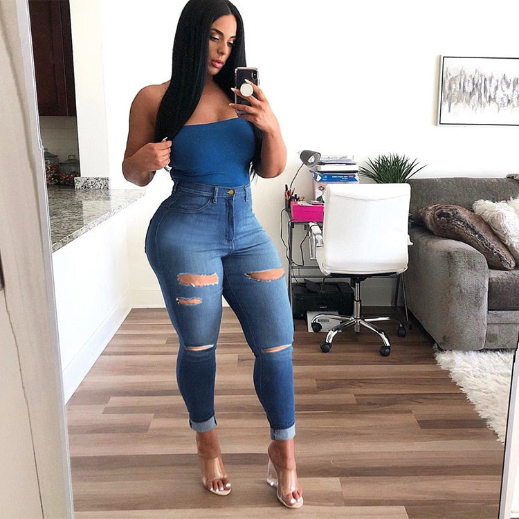 Women High Waist Casual Jeans Fashion Washed Distressed Denim Pants Stretch Skinny Slim Sexy Jeans Lady Denim Pencil Pants