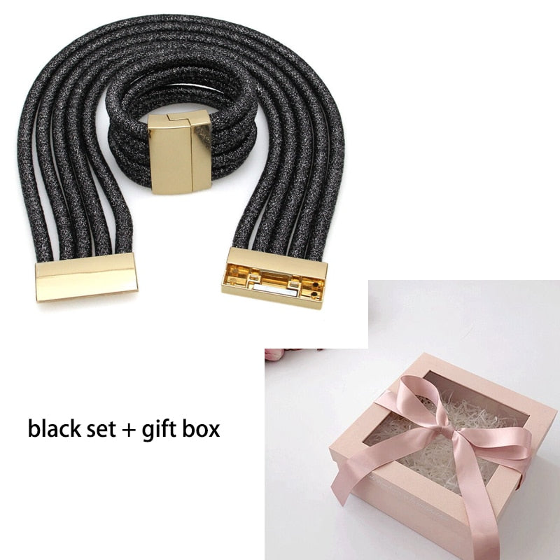 Liffly African Jewelry Set Fashion Choker Necklace Sets for Women Bohemia Bracelet Statement Jewelry Magnetism Button