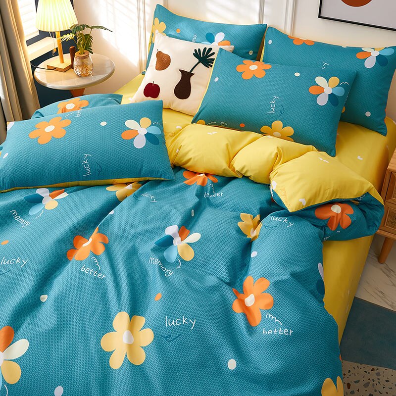 4pcs Nordic Bedding Set , Duvet Cover + Pillow Case + Bed Sheet Home Textiles Bed Sheets Set Washed Cotton A/B side Qulit Sheet
