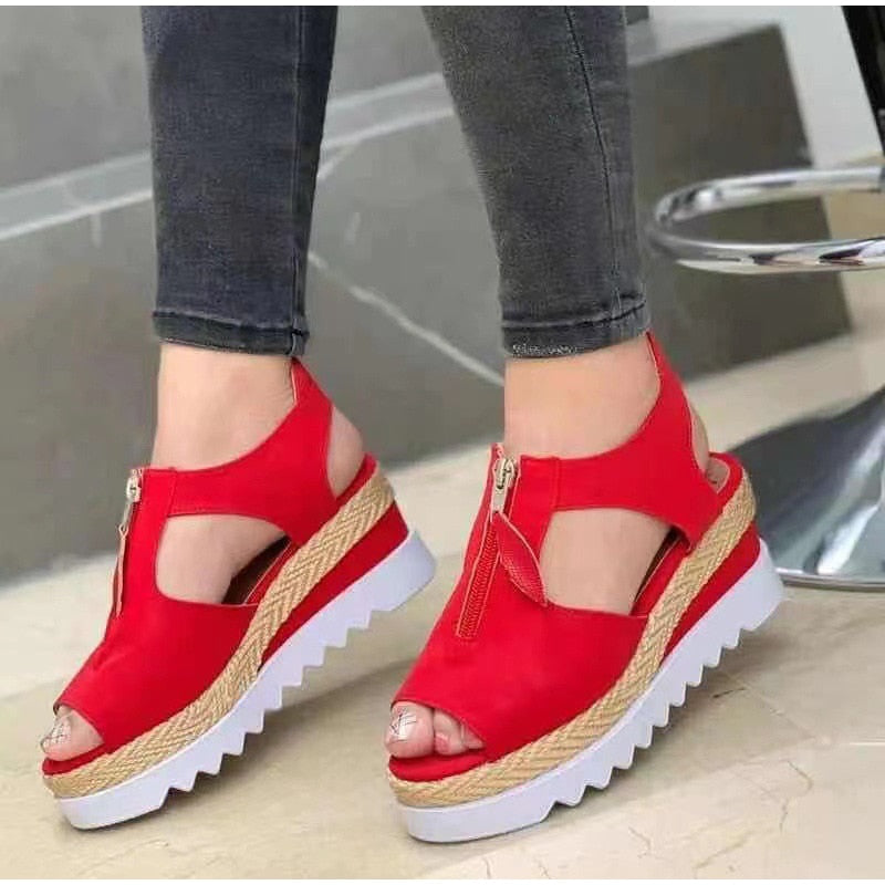 Sandals Women 2021 Wedges Heels Zip Platform Ladies Shoes Summer Peep Toe Suede Leather Gladiator Shoes Casual Female Footwear