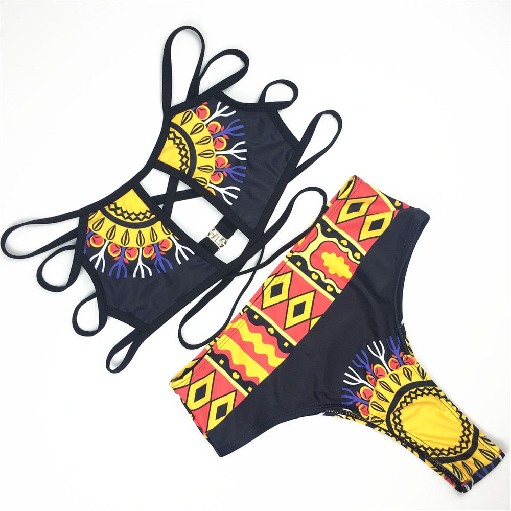 ZPDWT Sexy Tribal Print Bathing Suit Women African Swimwear Swimsuit High Waist Bikini Yellow Beach Swim Wear For Small Chests