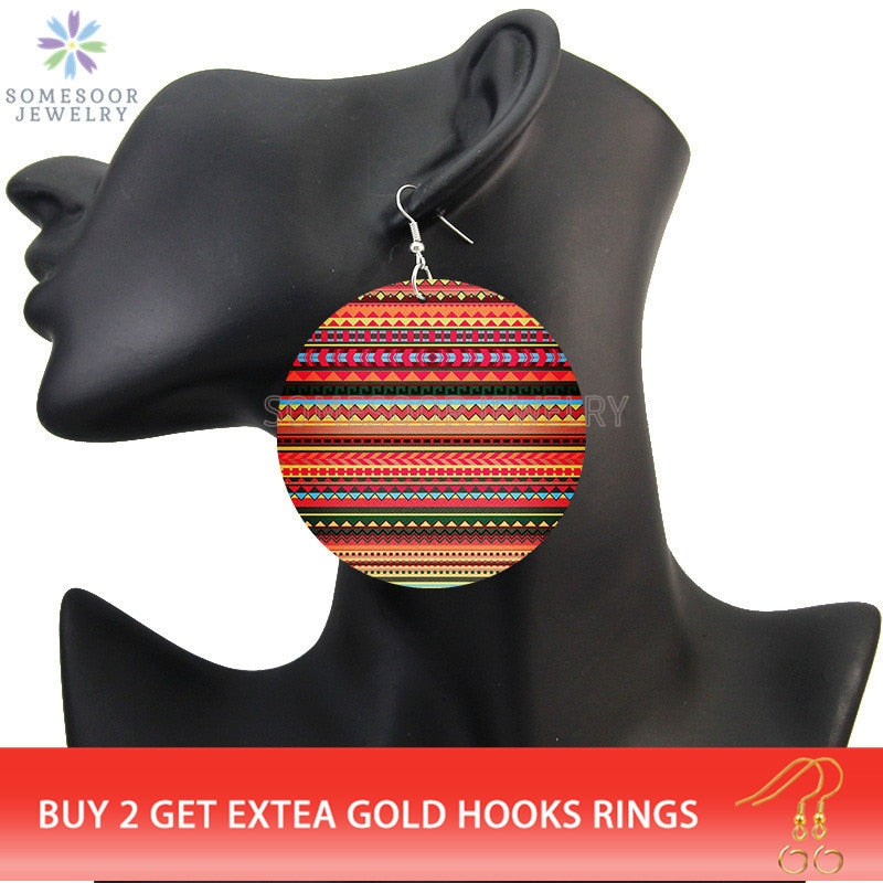 SOMESOOR African Fabric Bohemian Wooden Drop Earrings Afrocentric Ethnic Women Headwrap Designs Both Sides Printed For Women