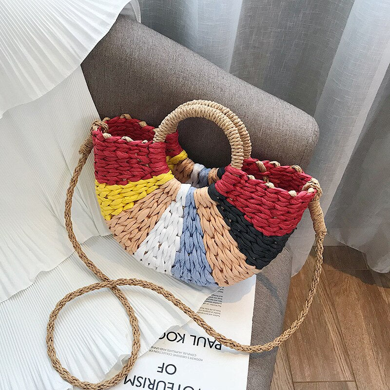 Women Handbag Summer Beach Bag Rattan Woven Handmade Knitted Straw Large Capacity Totes Leather Women's Shoulder Bag Bohemia New