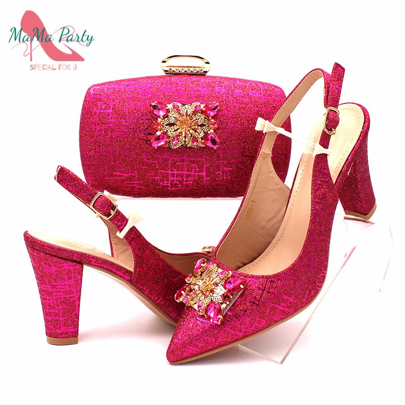 Fashionable African Shoes and Bag Set Italian Women Fuchsia Color Nigerian Shoes with Matching Bags for Royal Wedding Party