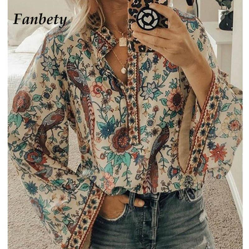 Fanbety Plus size Autumn Chic Blouses women Peacock Floral Print Long Sleeve Shirts women Casual V-neck Boho Blouse Tops Female - Surprise store