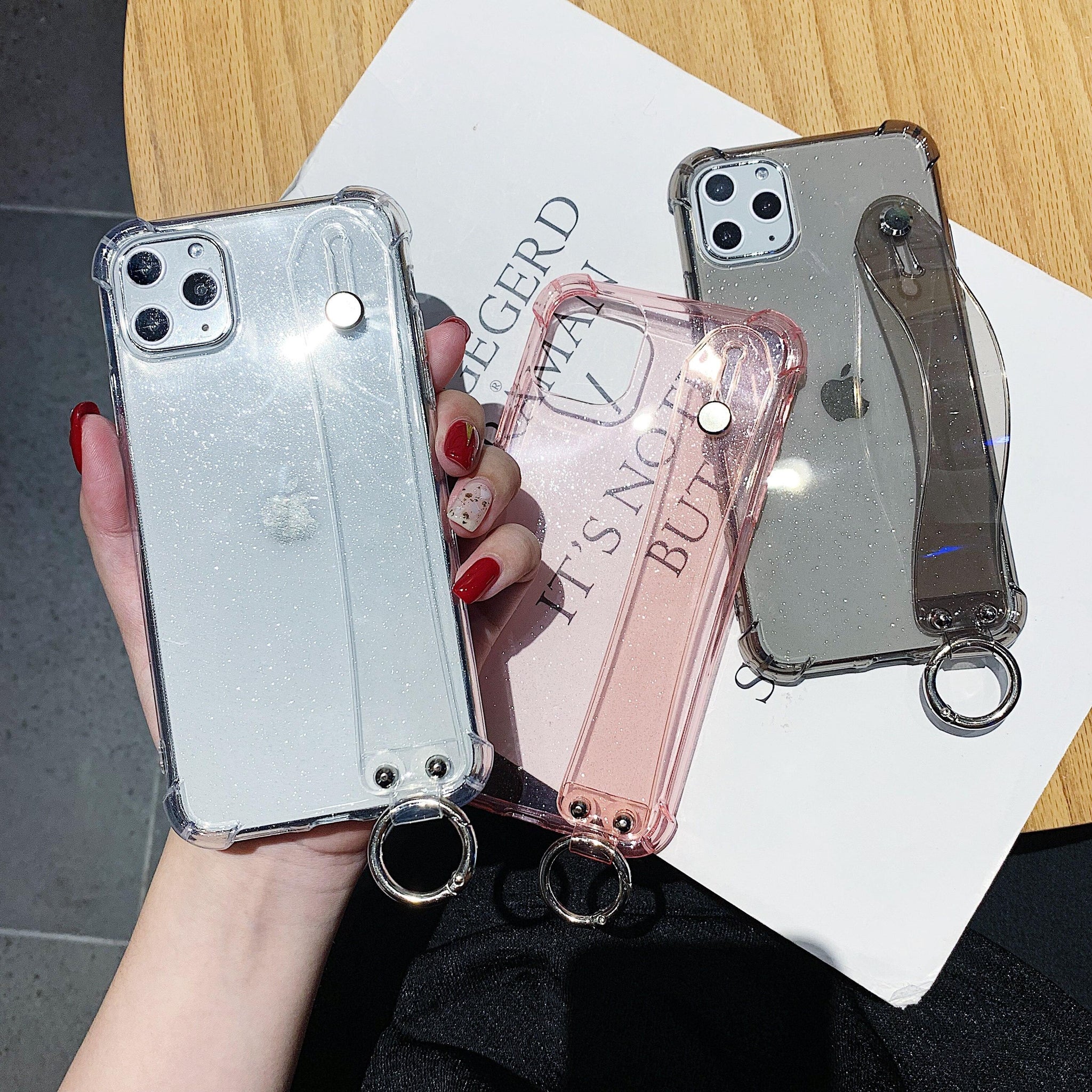 Glitter Powder Holder Phone Cases For iPhone 11 Pro Max X XR XS Max 6 6S 7 8 Plus SE 2020 SE2 Transparent Wrist Strap Back Cover - Surprise store