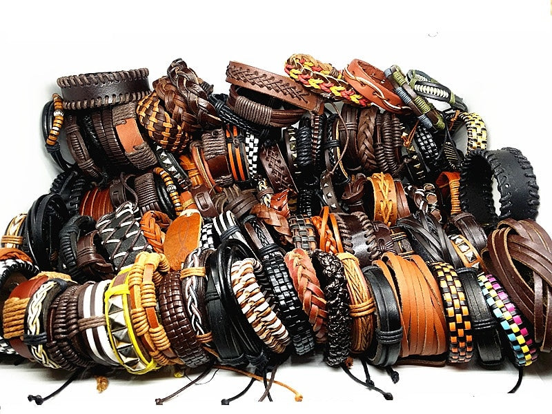 MixMax 50pcs/pack assorted retro Handmade men's top Genuine Leather tribal surfer cuff bracelets mix styles