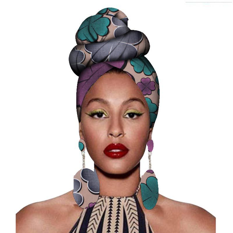 2020 fashion african headwraps+earings 2 piece sets for women bazin riche african head scarf pure cotton