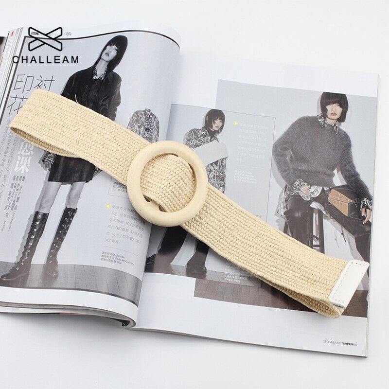 Women Bohemian Elastic Braided Belt Fashion Female Summer Dress Jeans Wide Black PP Straw Designer Wood Buckle Boho Belts 232