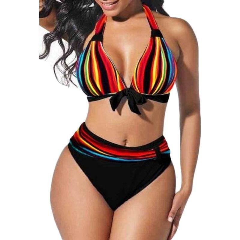 S-5XL Plus Size Neon Striped Bikini Set Push Up Women High Waist Halter Beach Swimwear Retro Bowknot Bathing Suit Swimming Suit - Surprise store