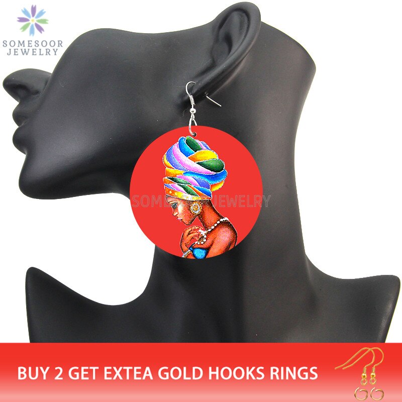 SOMESOOR Vinatge African Headwrap Woman Wood Drop Earrings Afrocentric Ethnic Boths Side Painting Jewelry For Blacks Gifts 1Pair