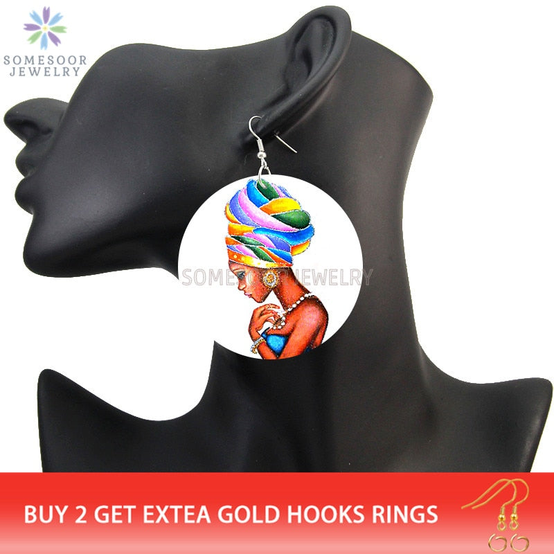 SOMESOOR Vinatge African Headwrap Woman Wood Drop Earrings Afrocentric Ethnic Boths Side Painting Jewelry For Blacks Gifts 1Pair