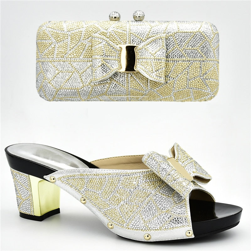 New Arrival Italian Shoes with Matching Bags for Wedding Italy Nigerian Women Wedding Shoe and Bag Set Decorated with Rhinestone