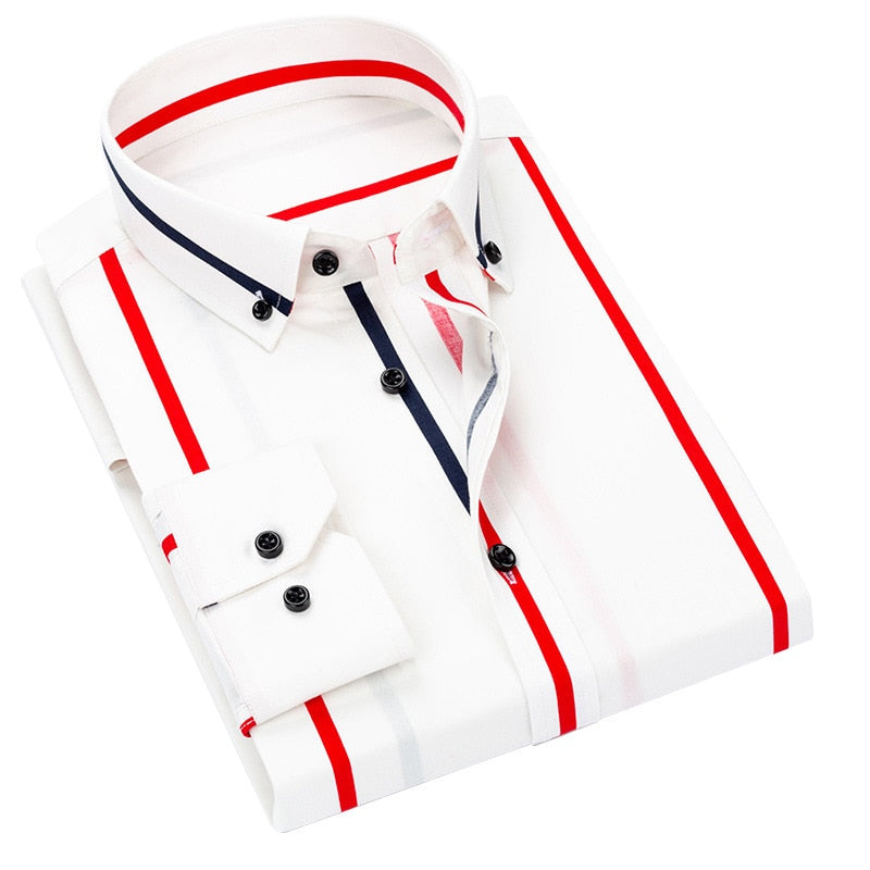 Quality Luxury Spring Striped Casual Mens Long Sleeved Shirts Soft Comfortable Men Dress Slim Fit Social Formal Shirts