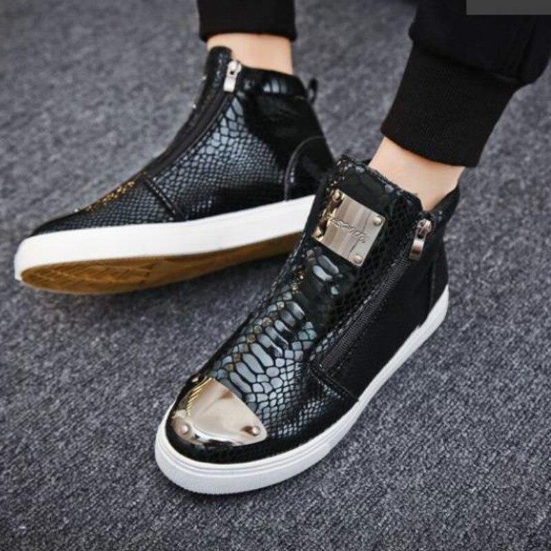 Sneakers Men High Top Microfiber Platform Shoes Brand Fashion Printmens Shoes Black PU Hot Footwear Male Vulcanize Shoes D5-17 - Surprise store