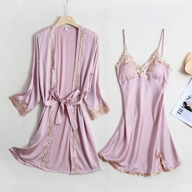 White Lace 2PC Nightwear Set Women Robe Gown Bride Sexy Strap Nightdress Summer V-Neck Sleep Suit Kimono Nighties Homewear