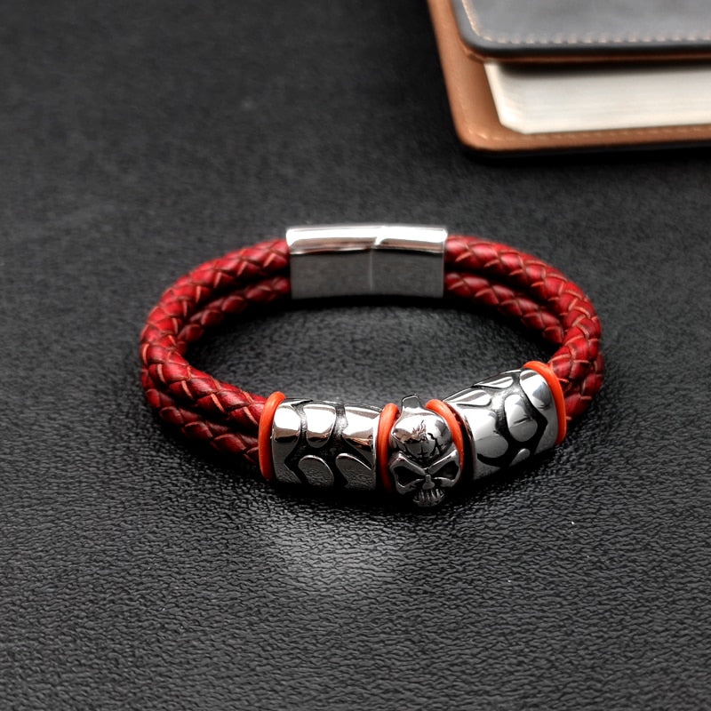 Pop Bohemian Style 316 Stainless Steel Men's Bracelet Ghost Head Accessories Woven Wine Leather Woman Bracelet 7 Day Delivery