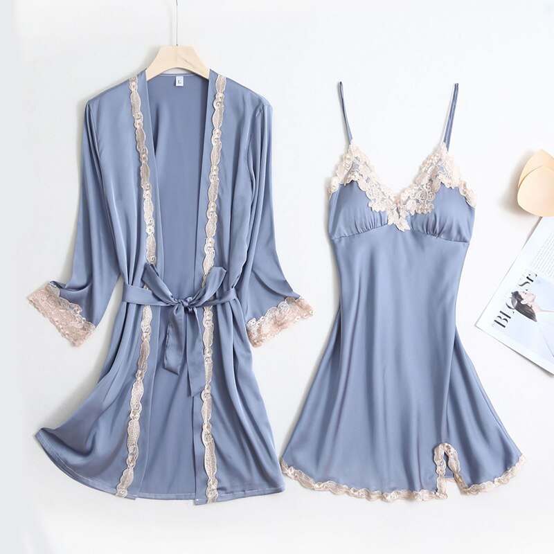 White Lace 2PC Nightwear Set Women Robe Gown Bride Sexy Strap Nightdress Summer V-Neck Sleep Suit Kimono Nighties Homewear