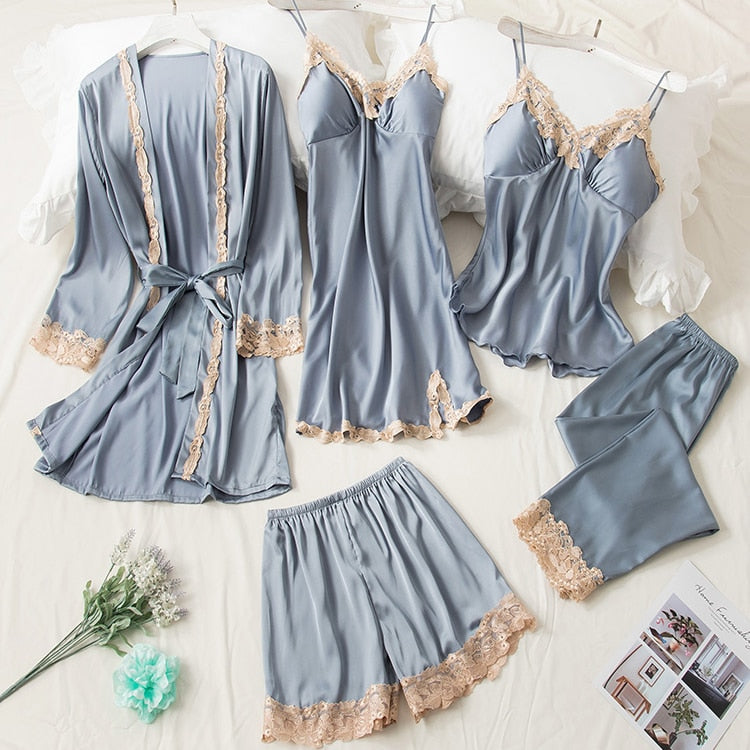 AGOTYOO 5 Piece Pajamas Sets Sexy Lace Stain Homewear Women Pajamas Faux Silk Dressing Gown Summer Autumn Robe Sleepwear Pyjama