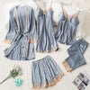 AGOTYOO 5 Piece Pajamas Sets Sexy Lace Stain Homewear Women Pajamas Faux Silk Dressing Gown Summer Autumn Robe Sleepwear Pyjama