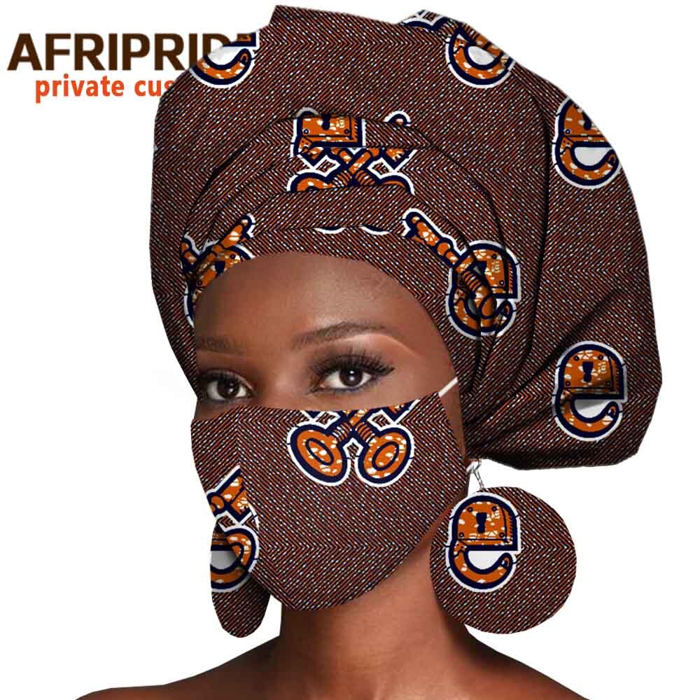 African Headwrap Earrings Hair Accessories Scarf Bonnet Ankara Wax Fabric Head Turban African Headscarf Mask Match Print A20H004