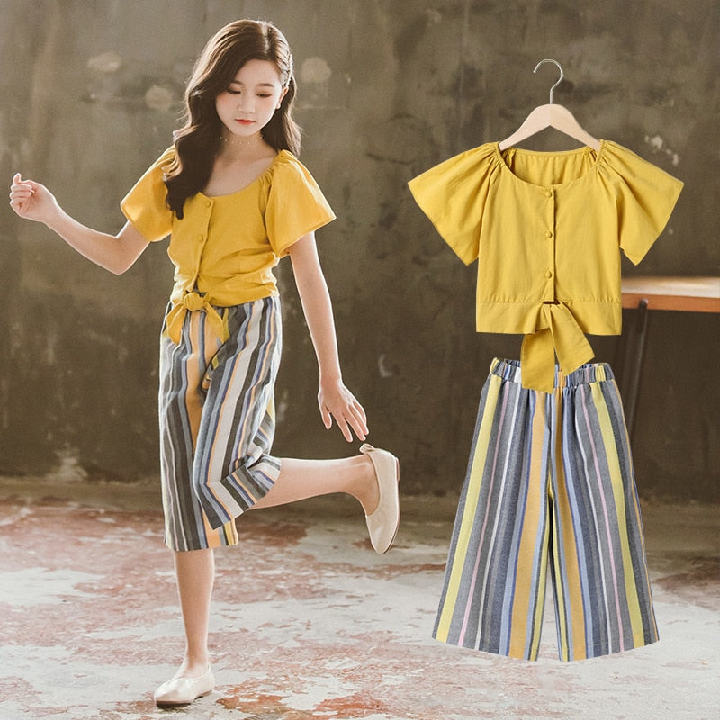 Kids Girls Clothing Set 2021 Summer Fashion Bell Sleeve Top + Striped Pants Casual 2Pcs Set Boutique Outfits Big Girls Clothes