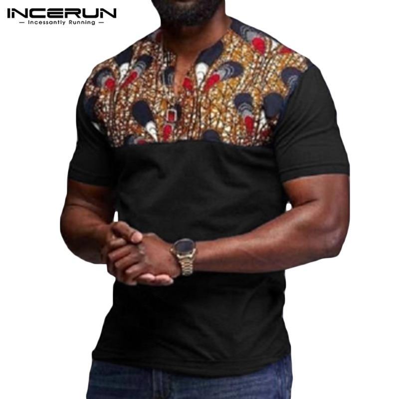 INCERUN Fashion Men Casual T Shirt Short Sleeve Print Patchwork V Neck 2020 African Dashiki Tops Summer T-shirts Men Clothes 5XL - Surprise store