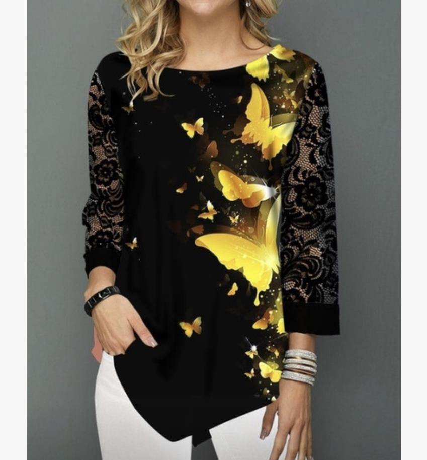 Shirt Blouse Women Plus size 5XL Fashion New Spring Summer print Black Tops 3/4 Lace Sleeve Elasticity Female Shirt Casua - Surprise store