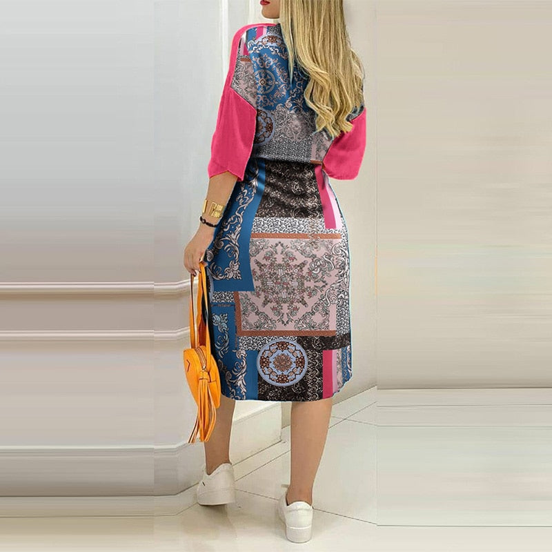 2021 Summer Sexy Shirts Patchwork Dress Fashion Print Button Long Party Dresses Elegant Turn-Down Collar 3/4 Sleeve Pocket Dress