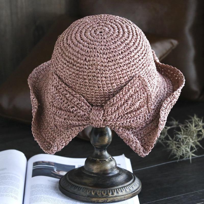 100%Raffia Bow Sun Hat Wide Brim Floppy Summer Hats For Women Beach Dome Bucket Hat Shade Hat - Surprise store