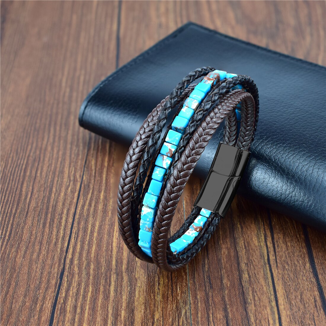 Multilayer Bracelet Natural Stone Genuine Leather Braided Wrap Bangle Stainless Steel Magnetic Clasp Bracelet Men Jewelry