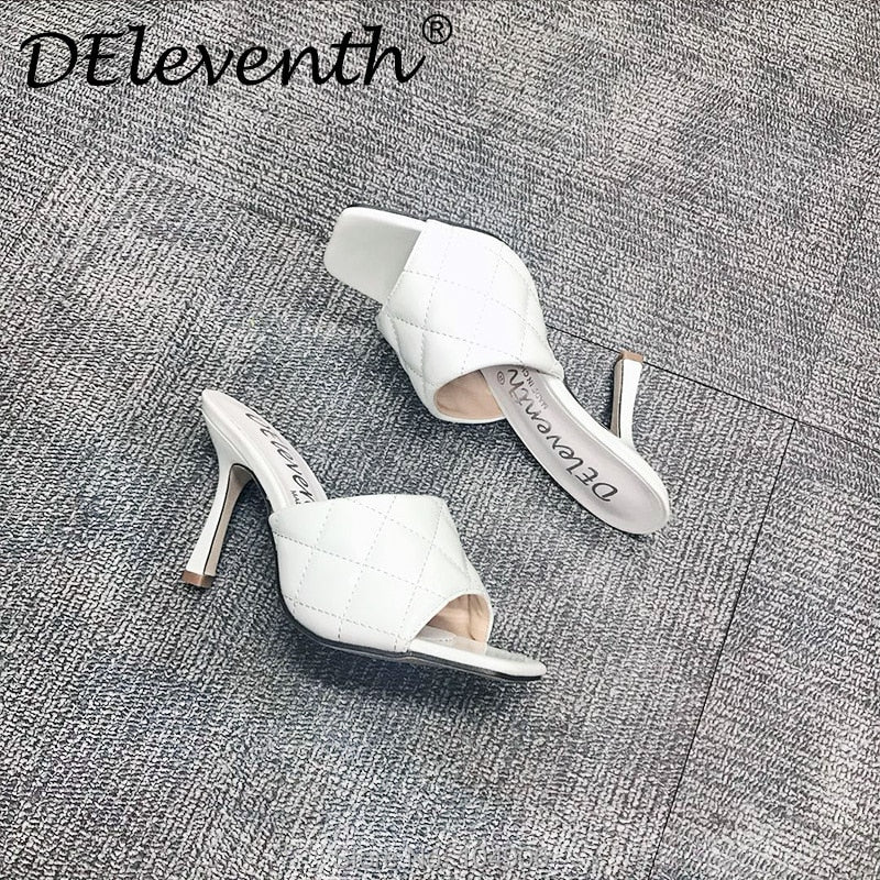 Marian Sqaure Toe Red Quilted Mule Heels Shoe Black PU High Heel Shoes Women Sandals Sliper Woman Shoes zapatos mujer White Blue