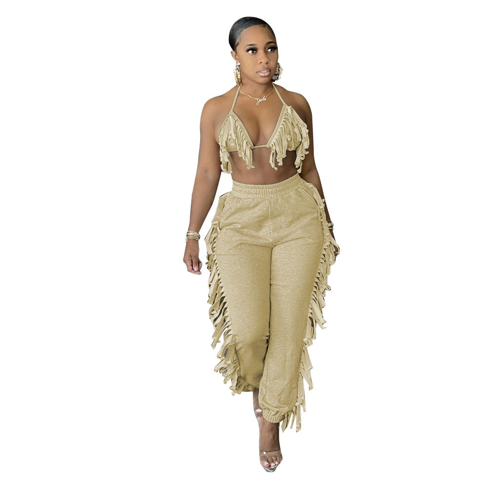 2021 Summer Women Two Piece Fashion Sexy Halter Top High Waist Fringed Stretch Pants Trousers Casual Party Club Clothing Women