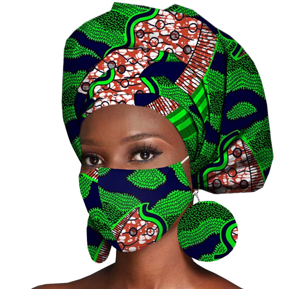 African Headwrap Earrings Hair Accessories Scarf Bonnet Ankara Wax Fabric Head Turban African Headscarf Mask Match Print A20H004