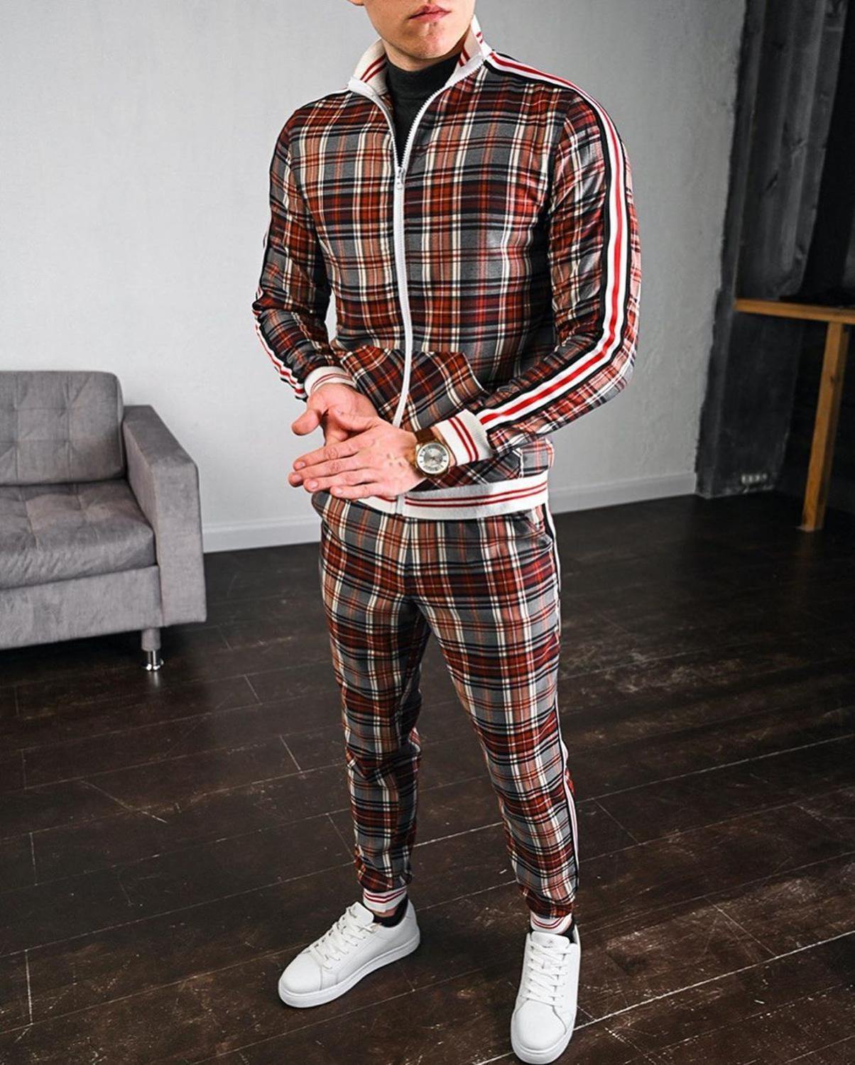 Men Tracksuit Men's Sets Two-piece Striped Lattice Suit Zipper Jacket+Fashion Small Trouser High Quality Slim Classic Sportswear - Surprise store