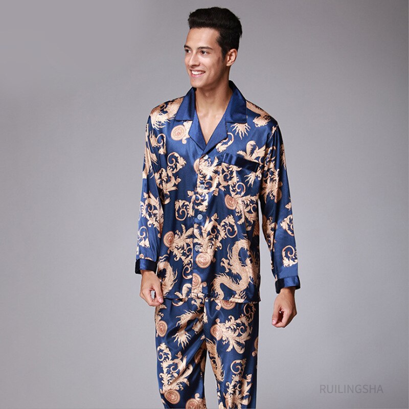 Spring Summer Men Ice Silk Pajama Sets Plus Size Turn-Down Collar Pijamas Dragon Print 2 Pieces Suit Fasinon Male Homewear