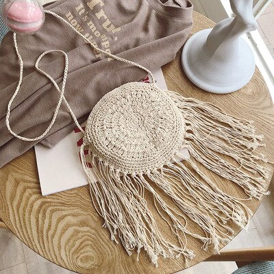 Bohemian Round Tassel Women Straw Bag Designer Spike Paper Rattan Shoulder Bags Large Casual Handbags Summer Beach Woven Purses
